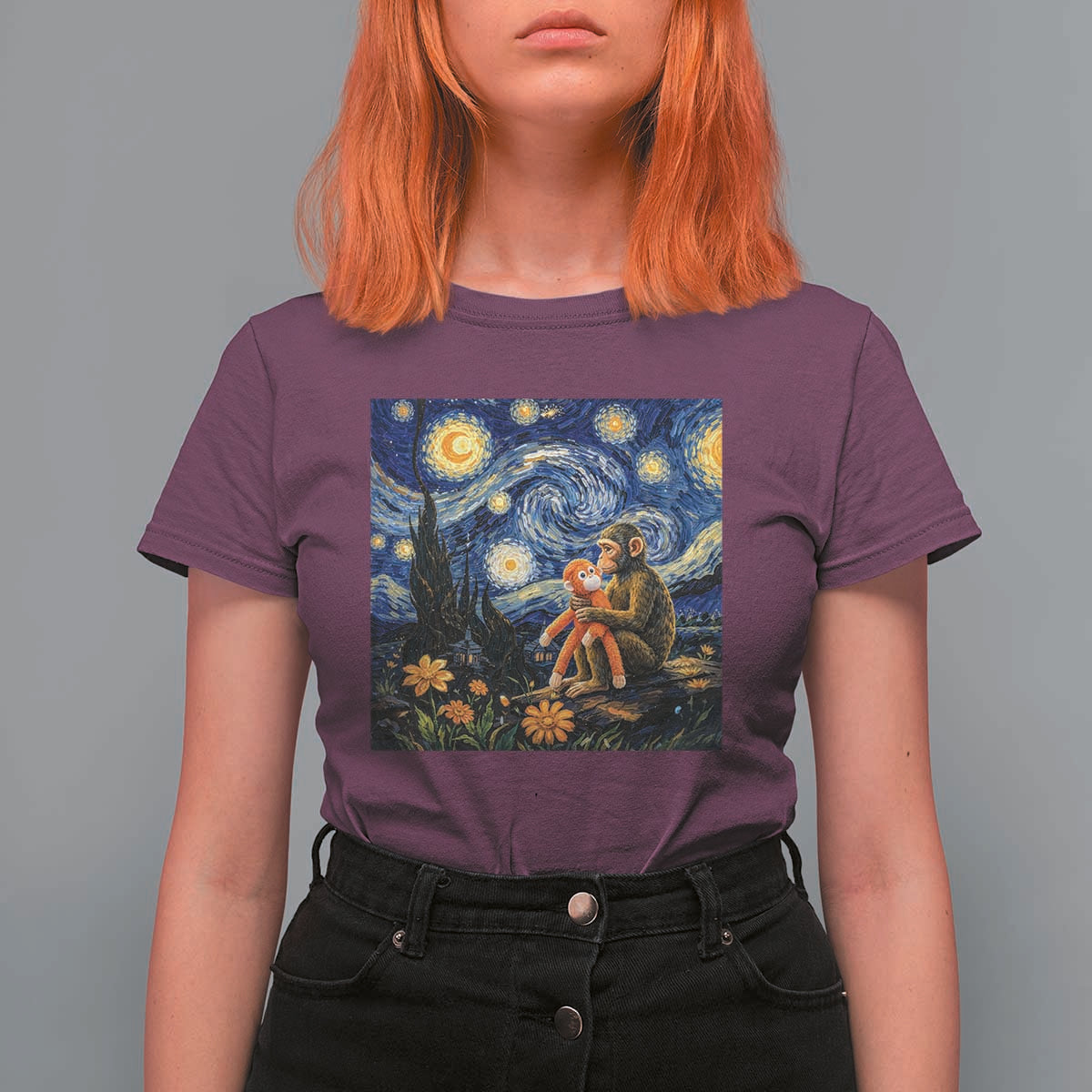 Baby Monkey Punch Starry Night Viral Trend T Shirt For Women