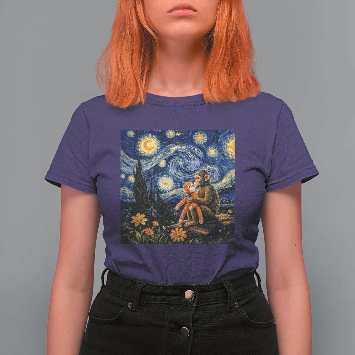 Baby Monkey Punch Starry Night Viral Trend T Shirt For Women