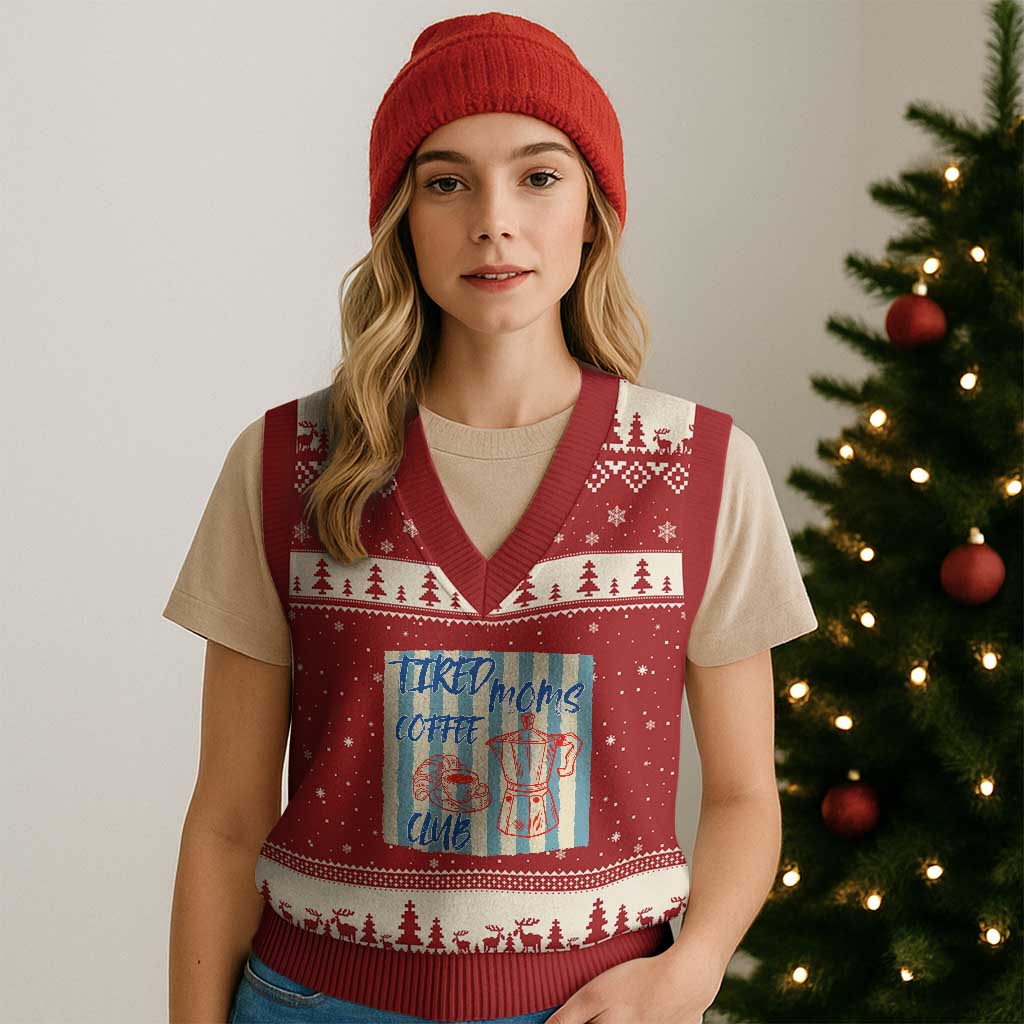 Tired Moms Coffee Club V-Neck Knit Sweater Vest Funny Mommy Mama Coffee Lover