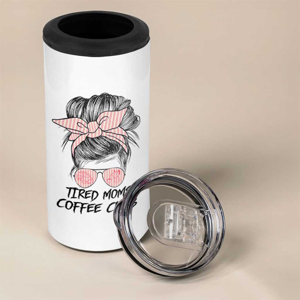 Tired Moms Coffee Club 4 in 1 Can Cooler Tumbler Messy Bun Mom Life Coffee Lover