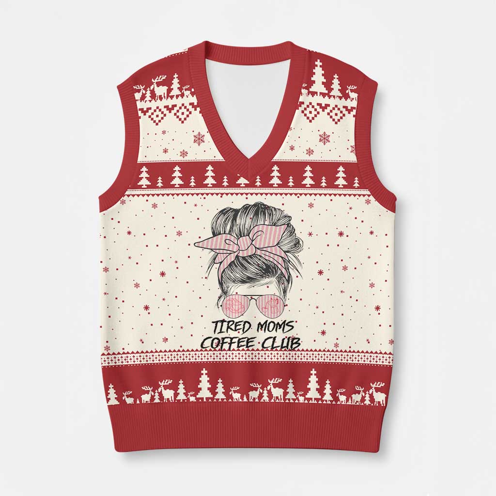 Tired Moms Coffee Club V-Neck Knit Sweater Vest Messy Bun Mom Life Coffee Lover