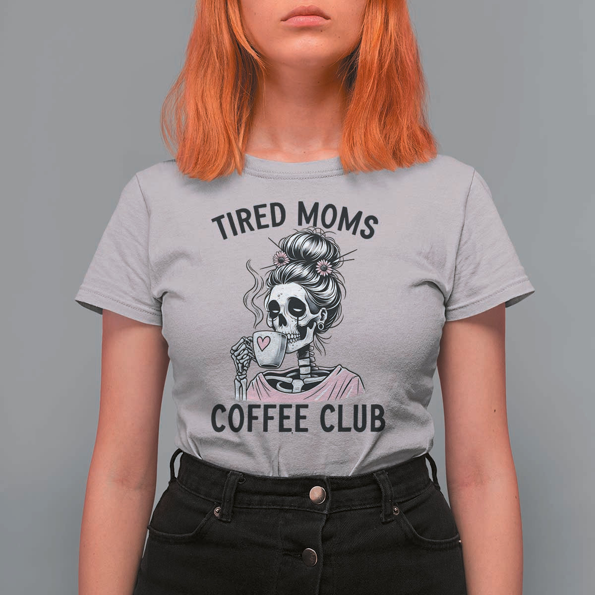Tired Moms Coffee Club T Shirt For Women Funny Skeleton Drinking Coffee Lover