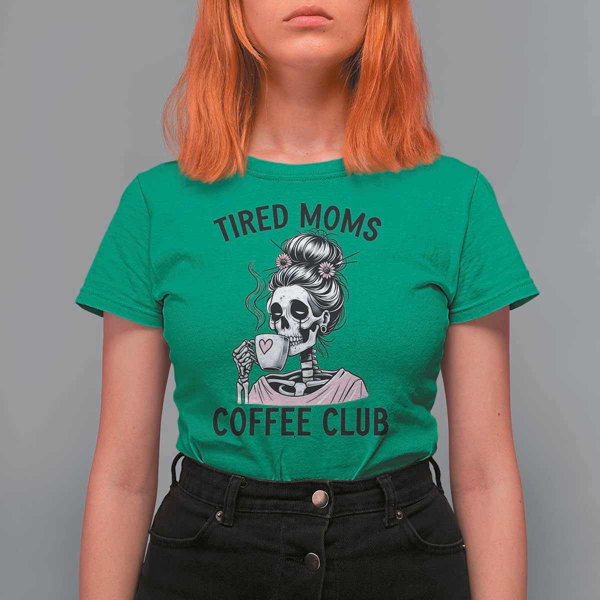Tired Moms Coffee Club T Shirt For Women Funny Skeleton Drinking Coffee Lover