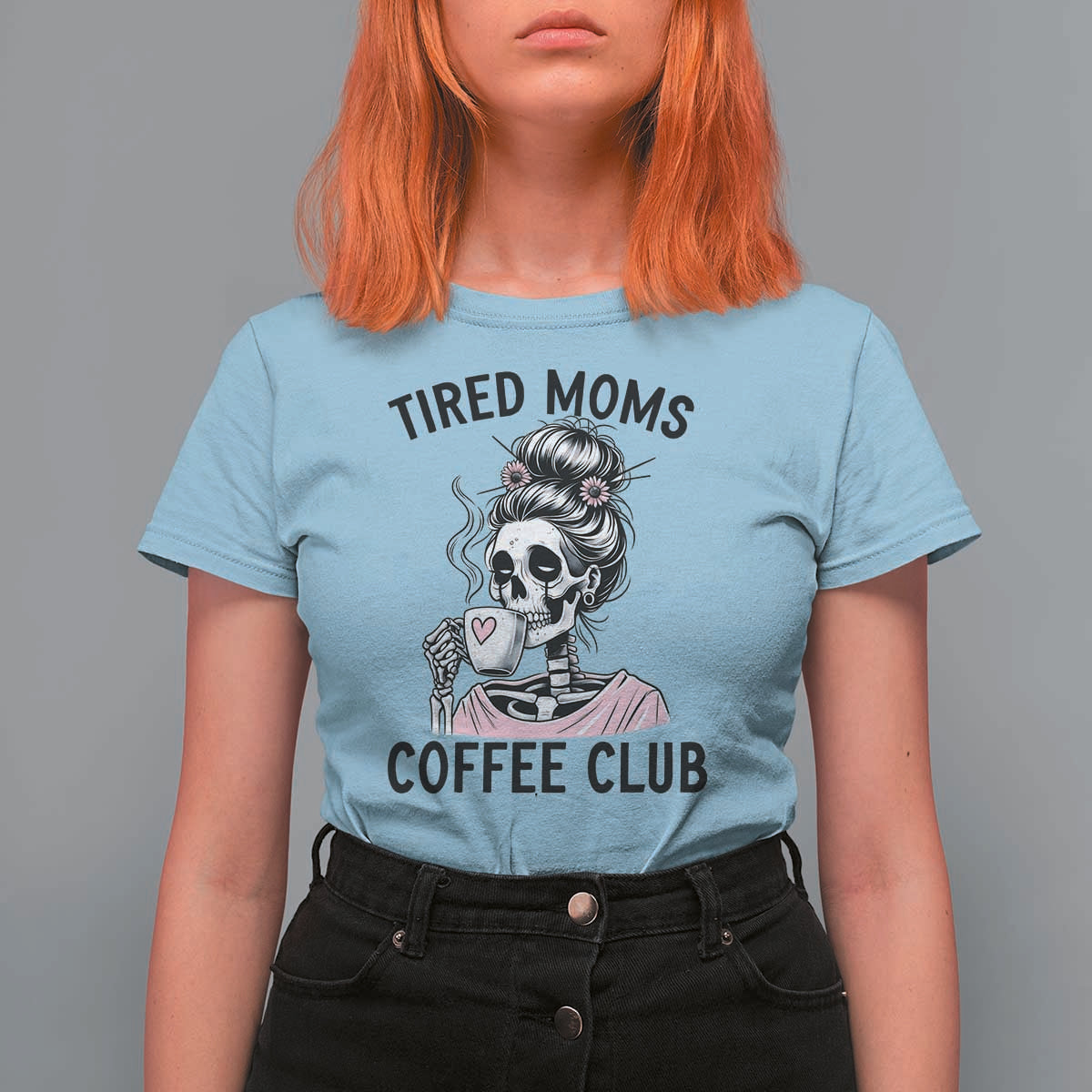Tired Moms Coffee Club T Shirt For Women Funny Skeleton Drinking Coffee Lover