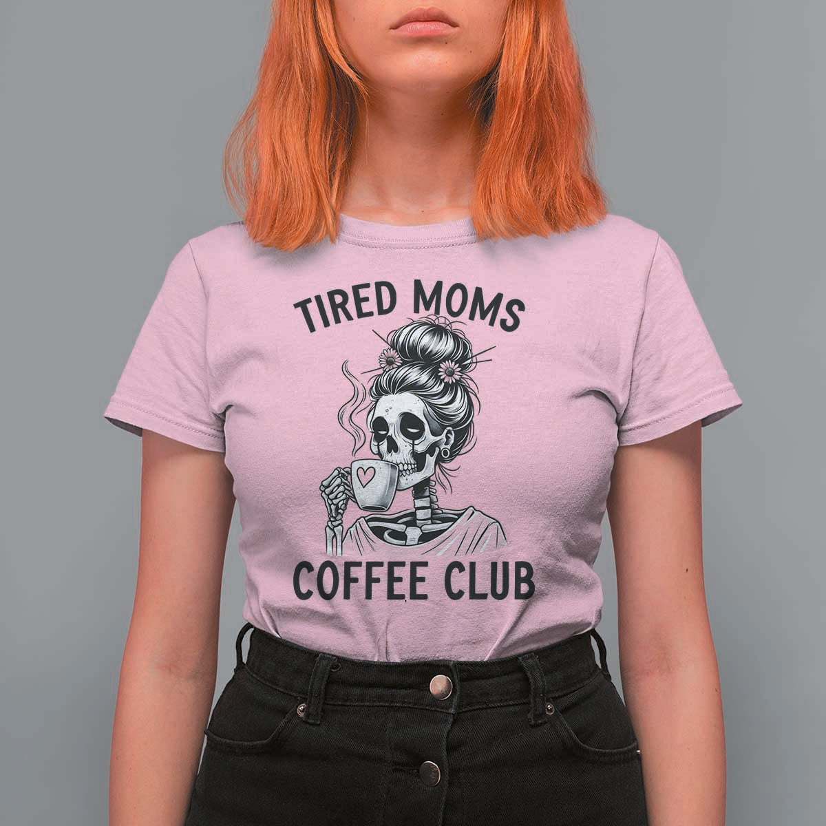 Tired Moms Coffee Club T Shirt For Women Funny Skeleton Drinking Coffee Lover