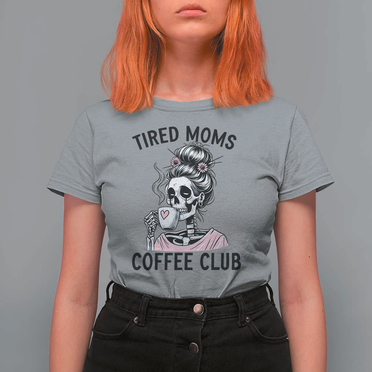 Tired Moms Coffee Club T Shirt For Women Funny Skeleton Drinking Coffee Lover