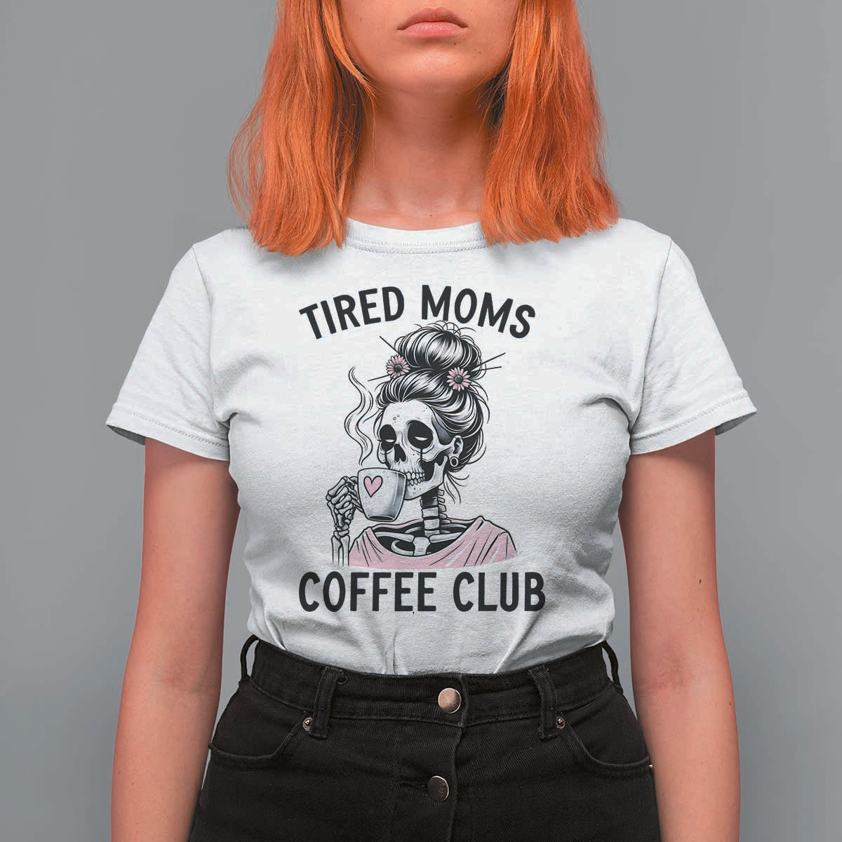 Tired Moms Coffee Club T Shirt For Women Funny Skeleton Drinking Coffee Lover