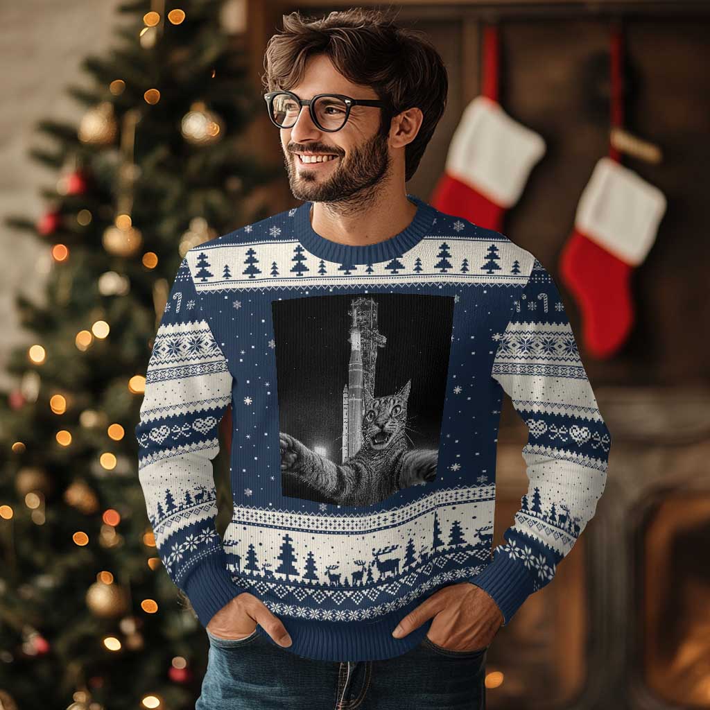 Funny Cat Selfie Lunar Mission 2026 Ugly Christmas Sweater