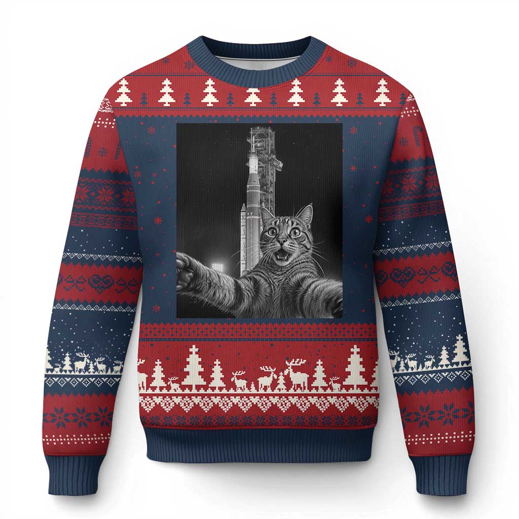 Funny Cat Selfie Lunar Mission 2026 Ugly Christmas Sweater