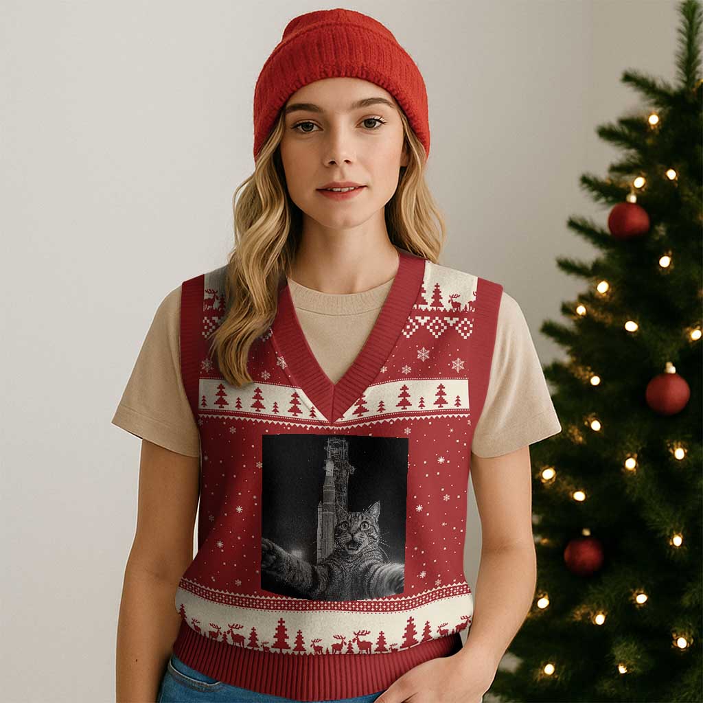 Funny Cat Selfie Lunar Mission 2026 V-Neck Knit Sweater Vest