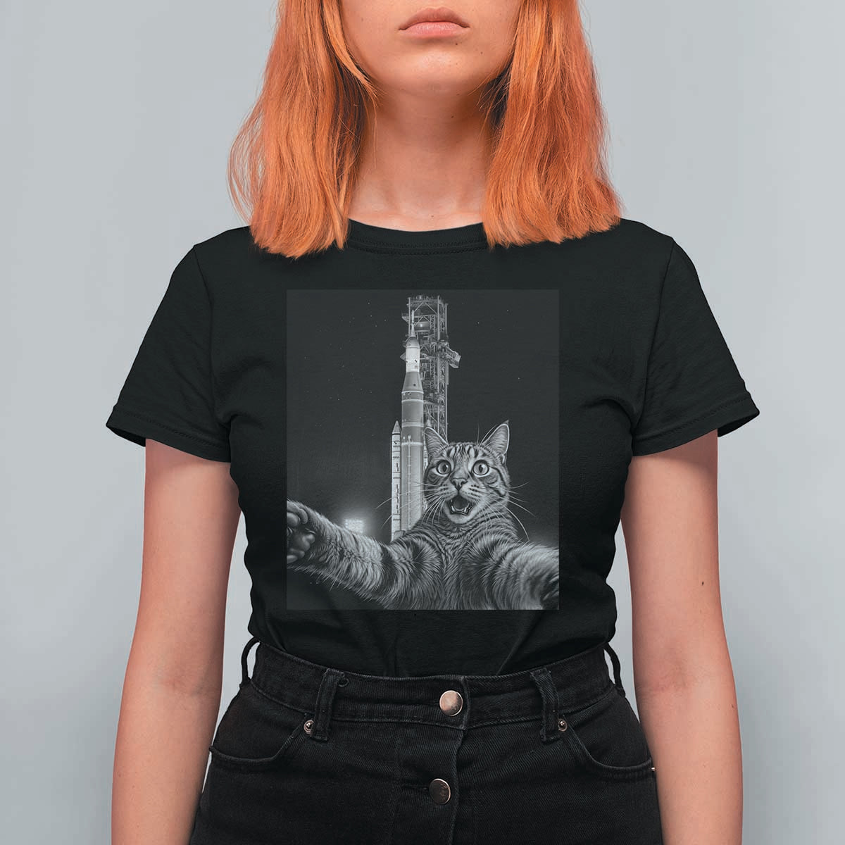 Funny Cat Selfie Lunar Mission 2026 T Shirt For Women