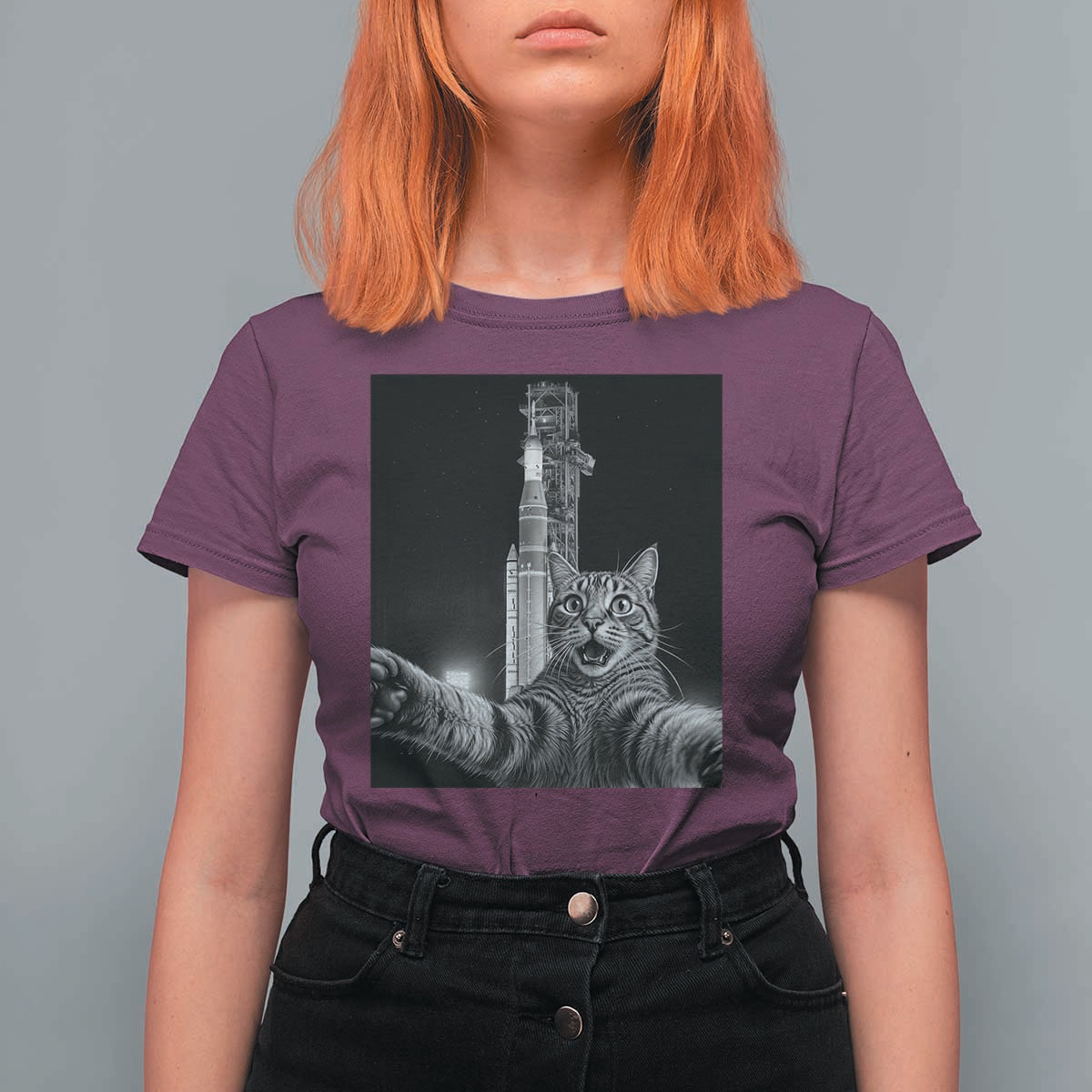 Funny Cat Selfie Lunar Mission 2026 T Shirt For Women