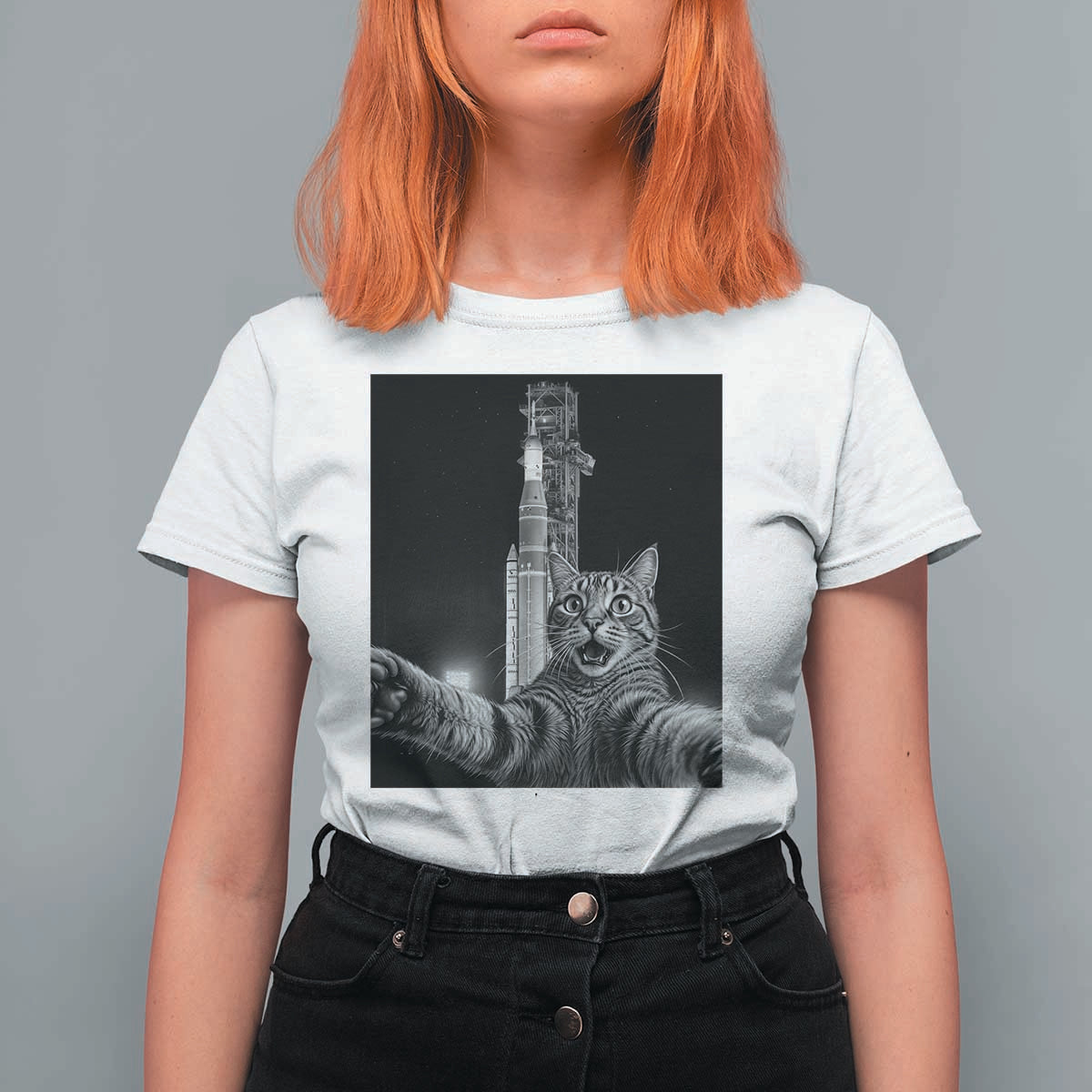 Funny Cat Selfie Lunar Mission 2026 T Shirt For Women