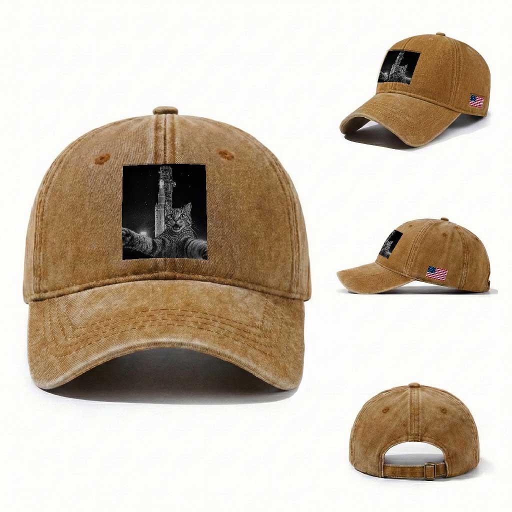 Funny Cat Selfie Lunar Mission 2026 Washed Cotton Baseball Cap