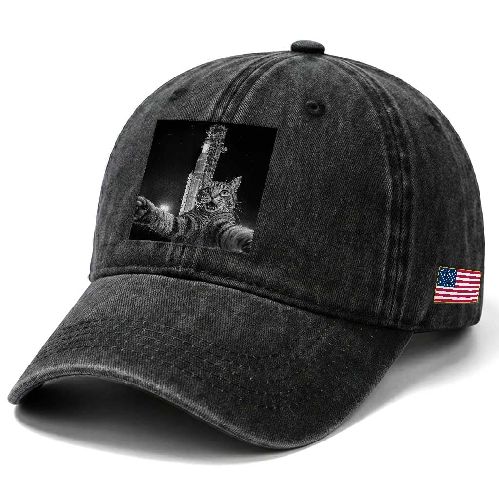 Funny Cat Selfie Lunar Mission 2026 Washed Cotton Baseball Cap