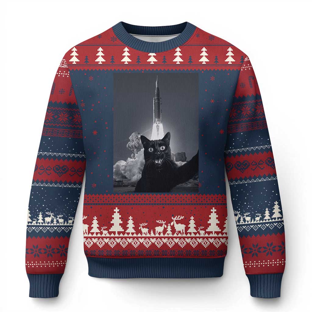 Funny Black Cat Selfie Ugly Christmas Sweater Back To The Moon Mission 2026
