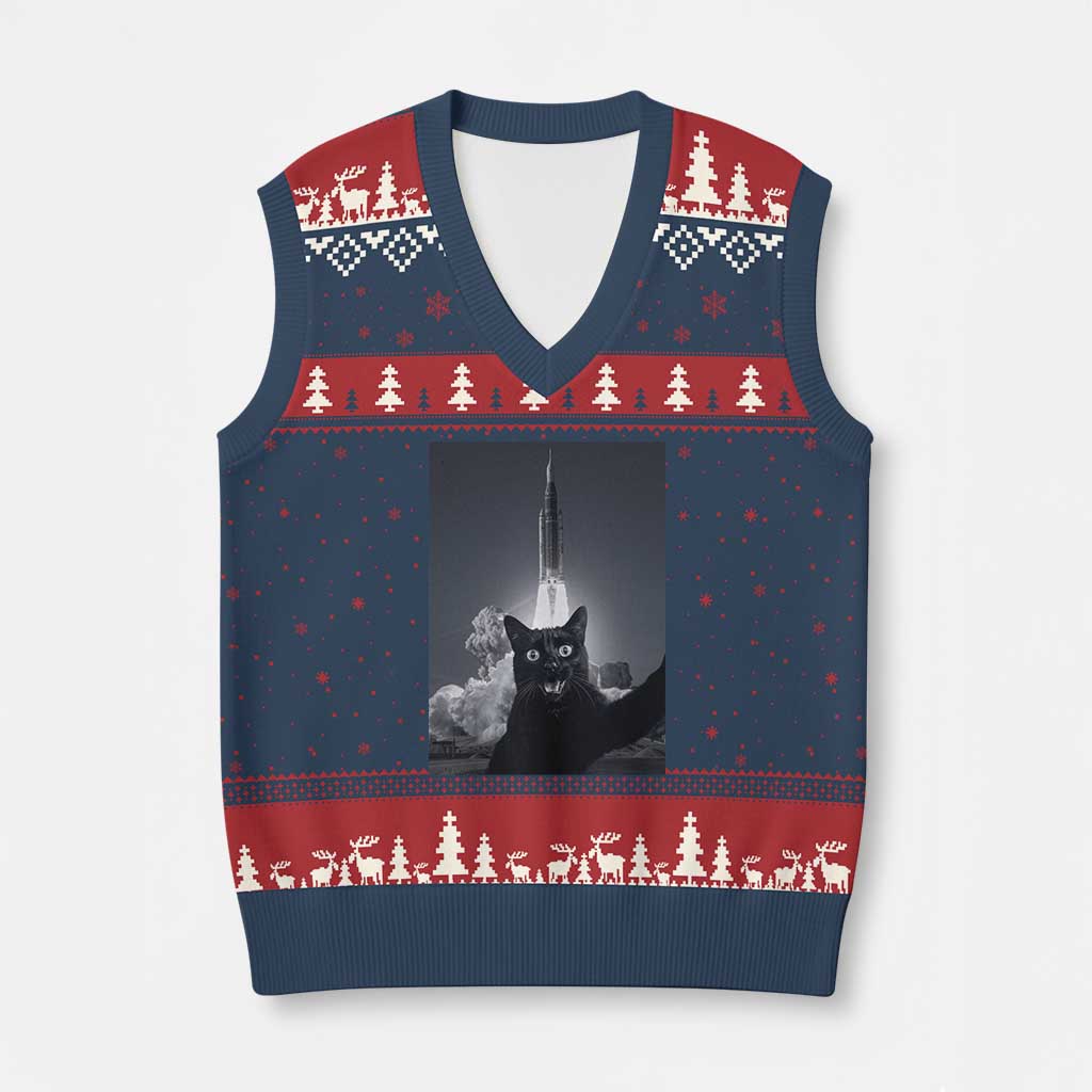 Funny Black Cat Selfie V-Neck Knit Sweater Vest Back To The Moon Mission 2026