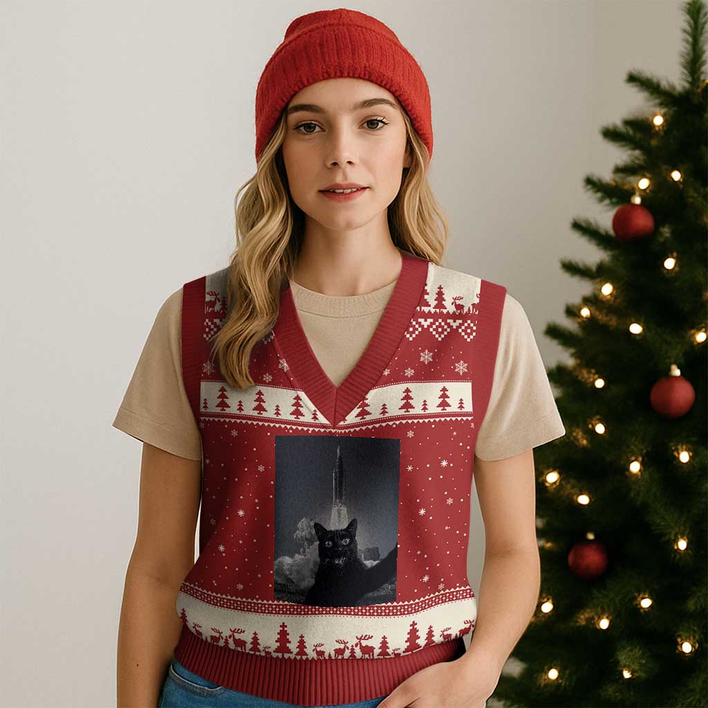 Funny Black Cat Selfie V-Neck Knit Sweater Vest Back To The Moon Mission 2026