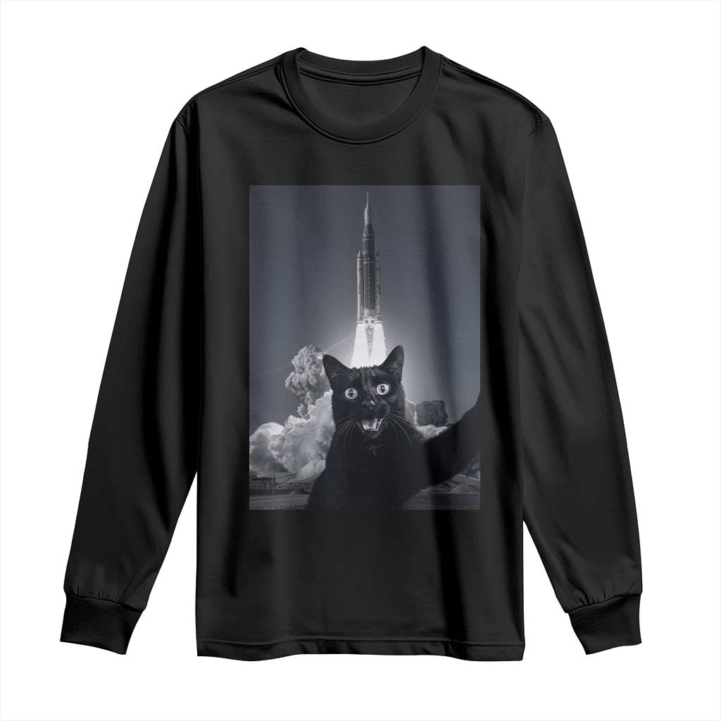 Funny Black Cat Selfie Long Sleeve Shirt Back To The Moon Mission 2026