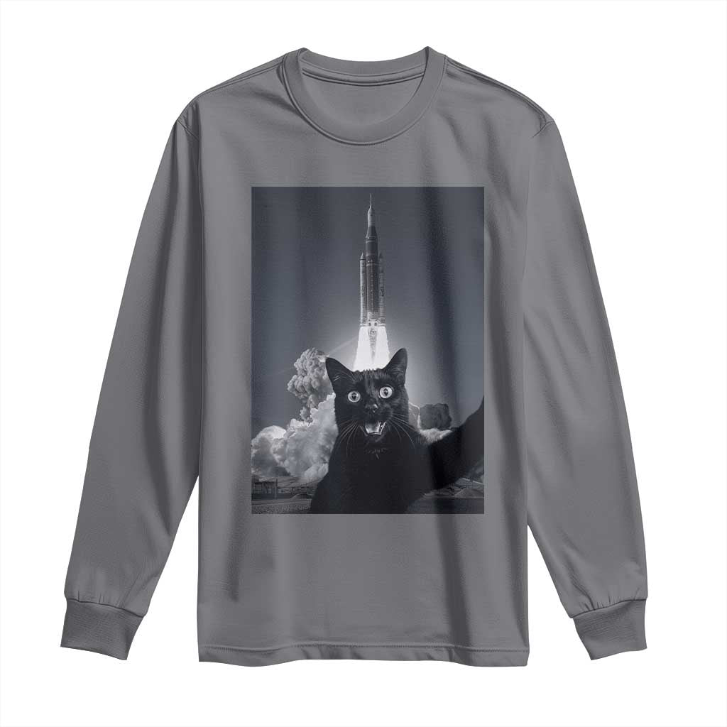 Funny Black Cat Selfie Long Sleeve Shirt Back To The Moon Mission 2026