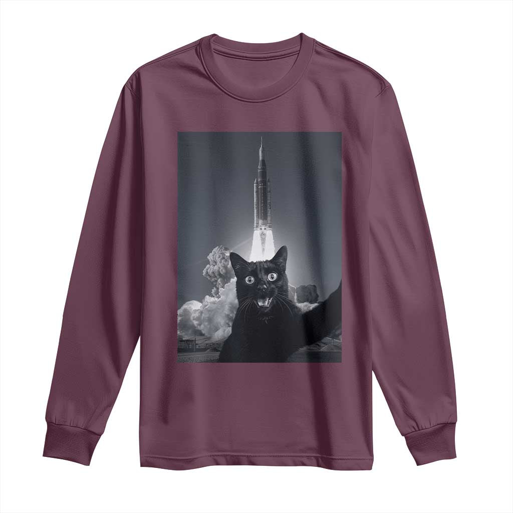 Funny Black Cat Selfie Long Sleeve Shirt Back To The Moon Mission 2026