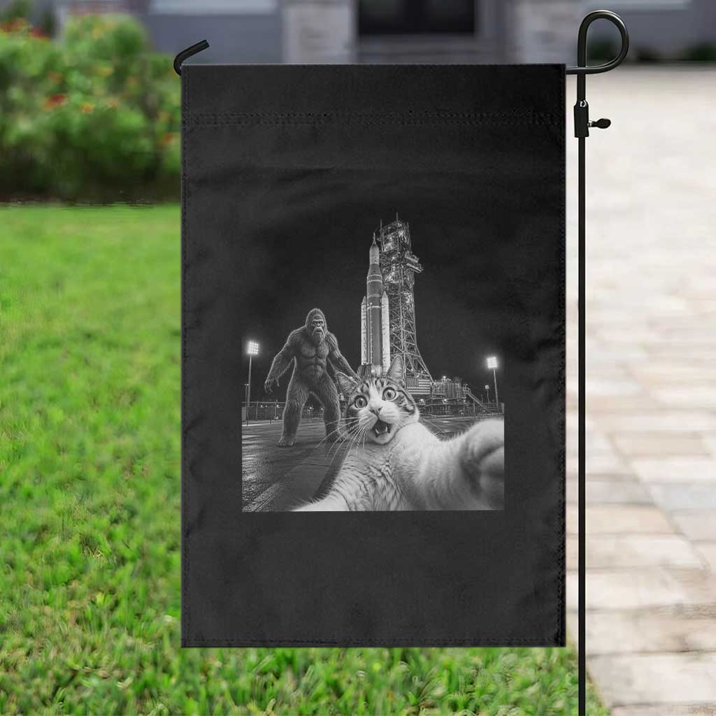 Funny Cat Selfie with Bigfoot Garden Flag Back To The Moon Mission 2026