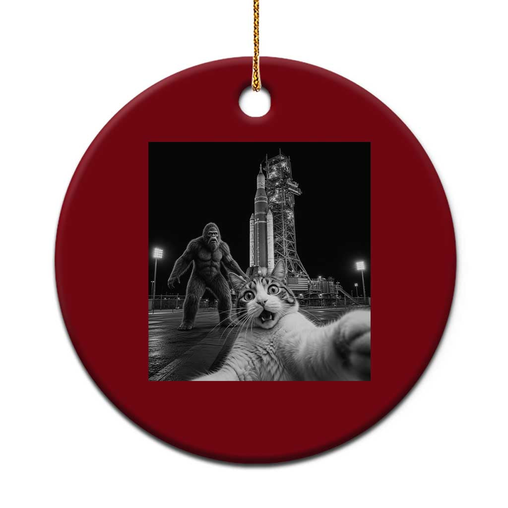 Funny Cat Selfie with Bigfoot Ceramic Ornament Back To The Moon Mission 2026