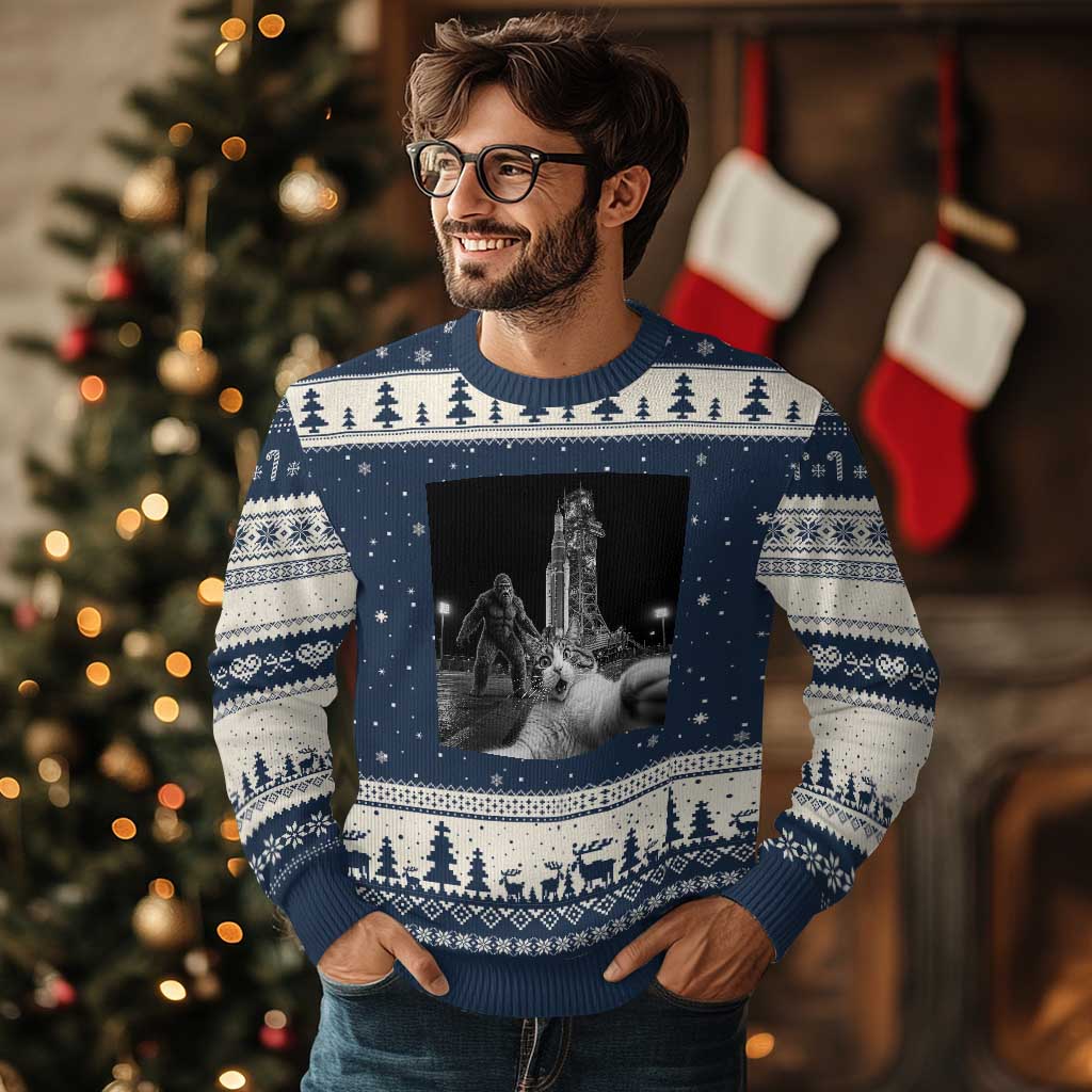 Funny Cat Selfie with Bigfoot Ugly Christmas Sweater Back To The Moon Mission 2026