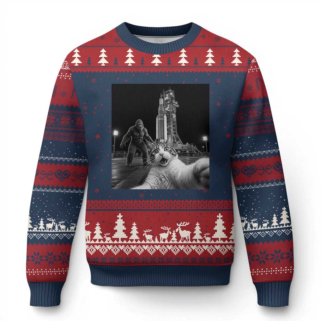 Funny Cat Selfie with Bigfoot Ugly Christmas Sweater Back To The Moon Mission 2026