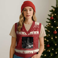 Funny Cat Selfie with Bigfoot V-Neck Knit Sweater Vest Back To The Moon Mission 2026