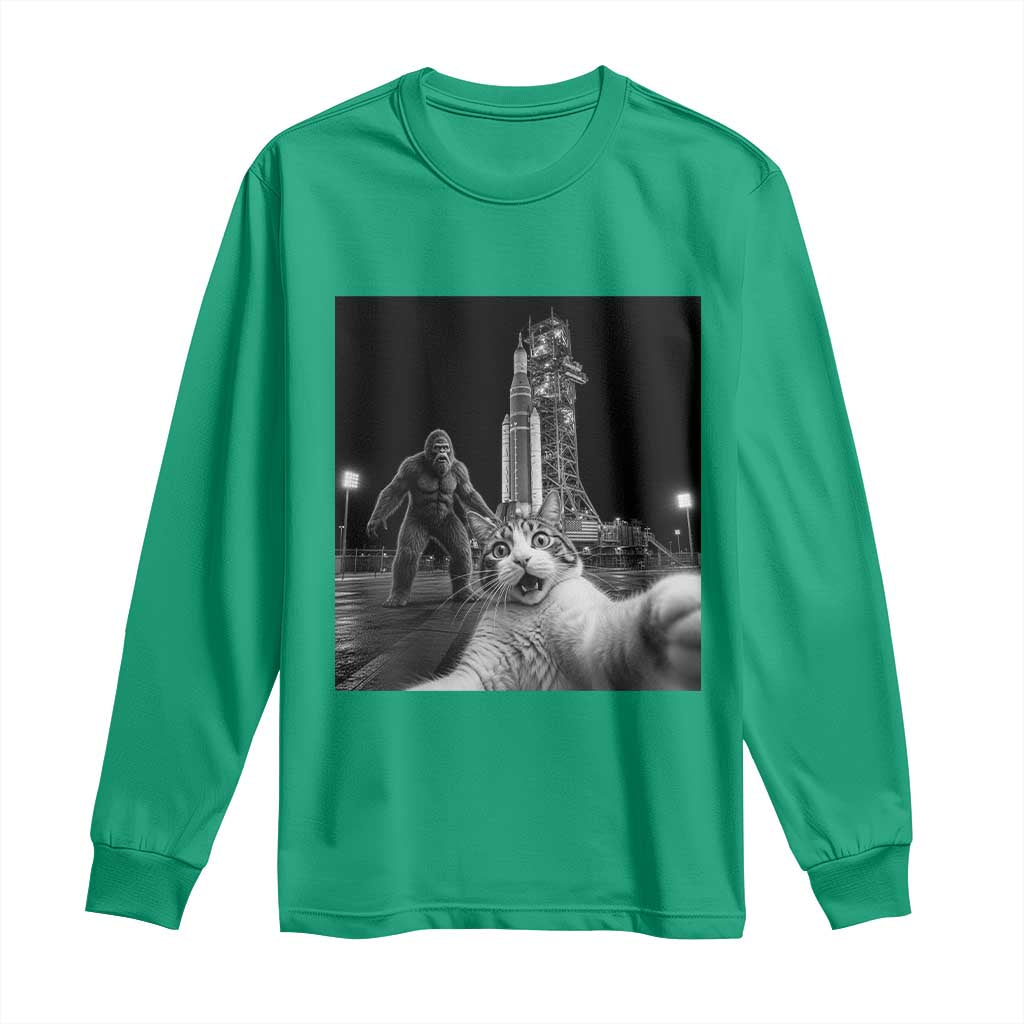 Funny Cat Selfie with Bigfoot Long Sleeve Shirt Back To The Moon Mission 2026