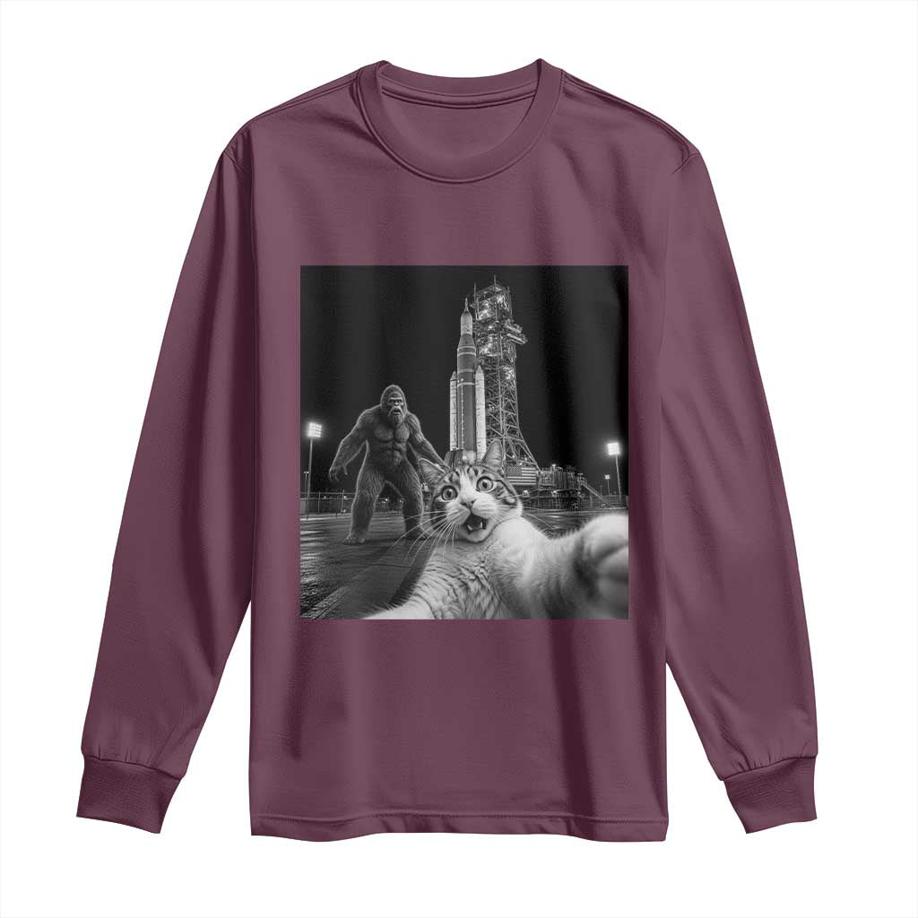 Funny Cat Selfie with Bigfoot Long Sleeve Shirt Back To The Moon Mission 2026