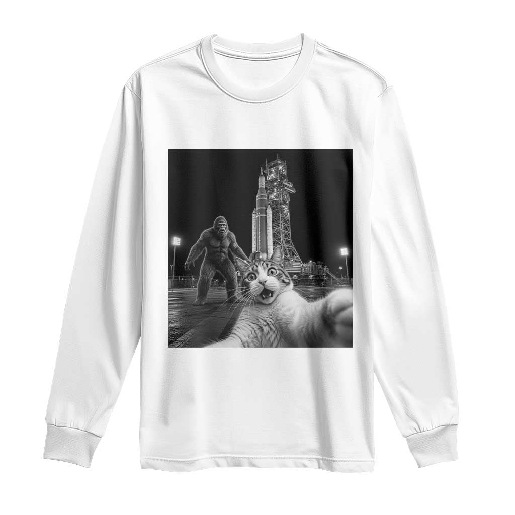 Funny Cat Selfie with Bigfoot Long Sleeve Shirt Back To The Moon Mission 2026