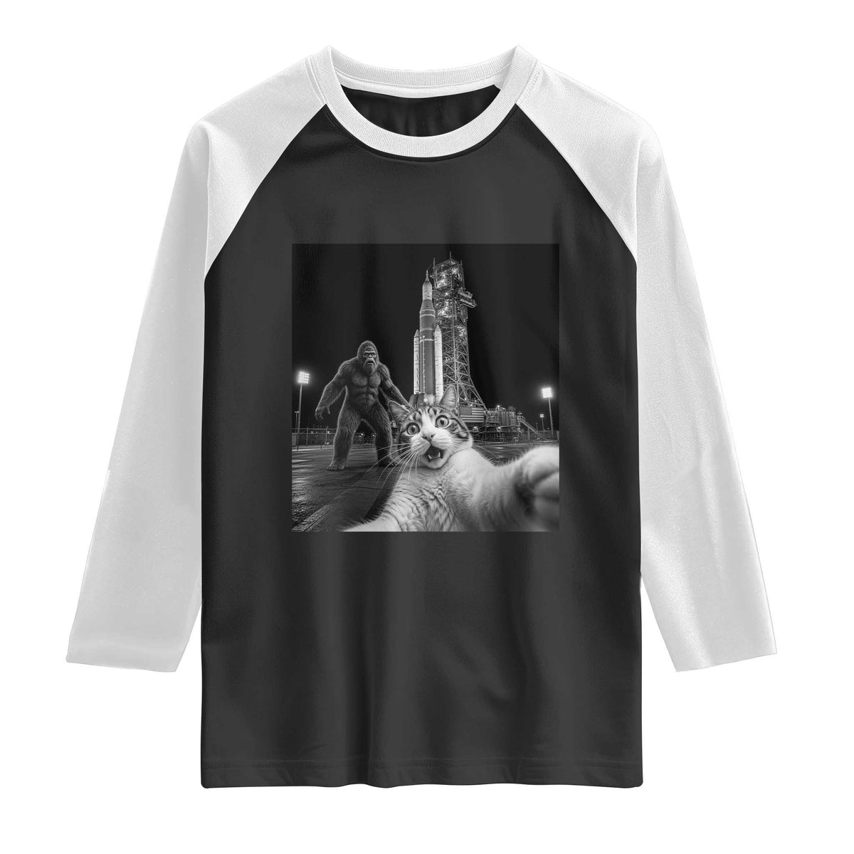Funny Cat Selfie with Bigfoot Raglan Shirt Back To The Moon Mission 2026
