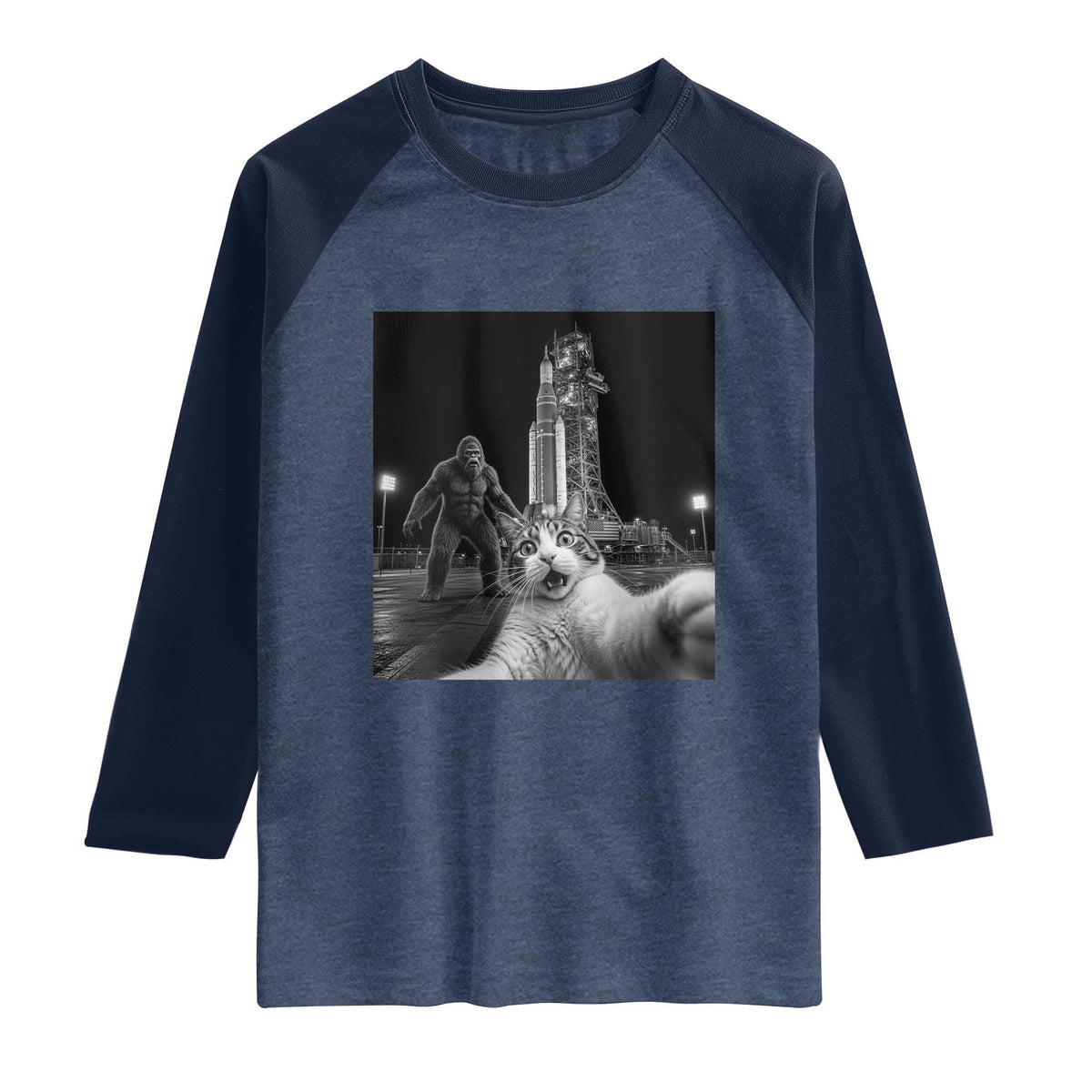 Funny Cat Selfie with Bigfoot Raglan Shirt Back To The Moon Mission 2026
