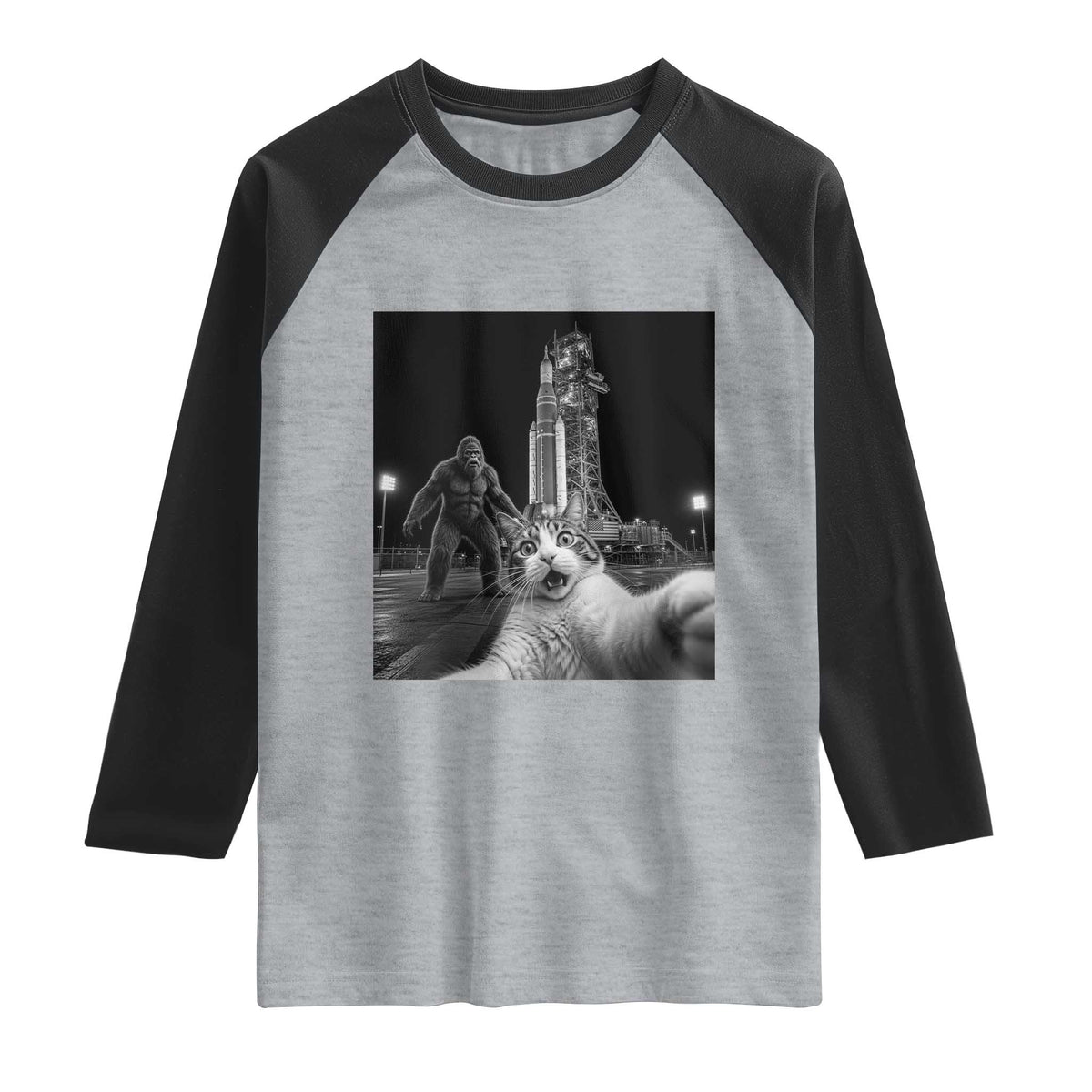 Funny Cat Selfie with Bigfoot Raglan Shirt Back To The Moon Mission 2026