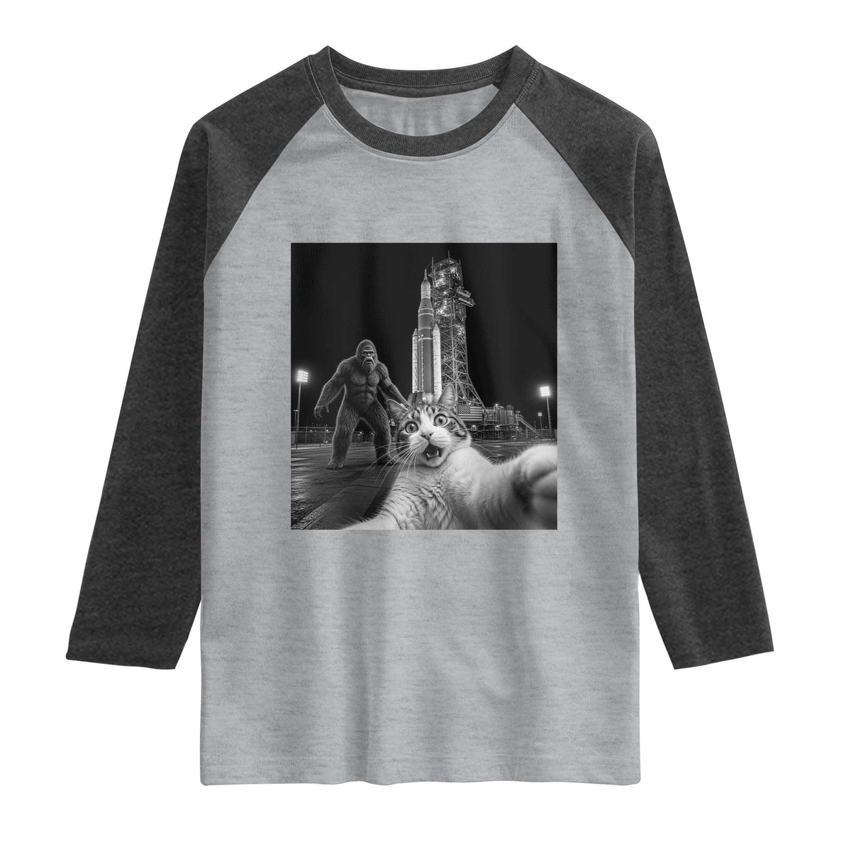 Funny Cat Selfie with Bigfoot Raglan Shirt Back To The Moon Mission 2026