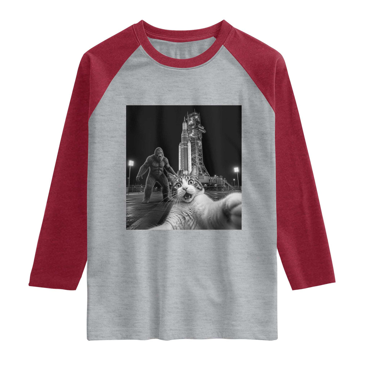 Funny Cat Selfie with Bigfoot Raglan Shirt Back To The Moon Mission 2026