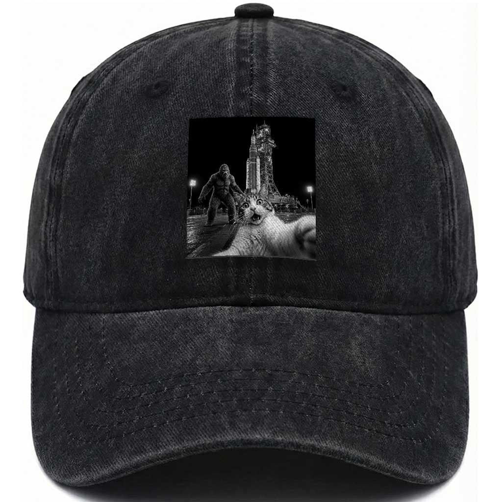 Funny Cat Selfie with Bigfoot Washed Cotton Baseball Cap Back To The Moon Mission 2026