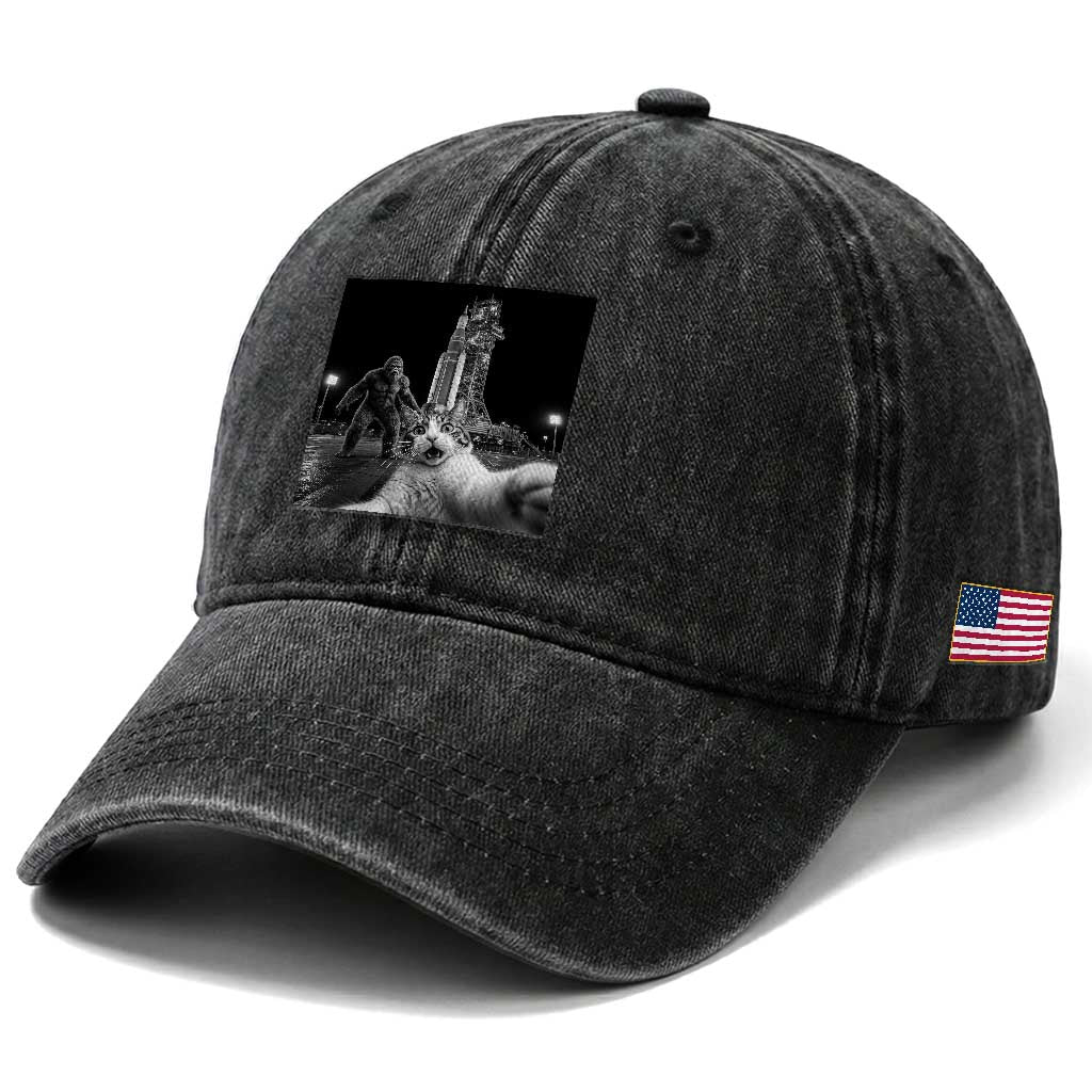 Funny Cat Selfie with Bigfoot Washed Cotton Baseball Cap Back To The Moon Mission 2026