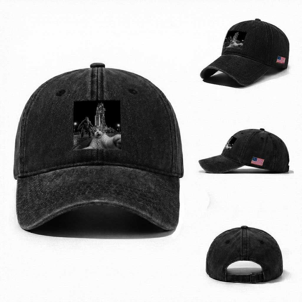 Funny Cat Selfie with Bigfoot Washed Cotton Baseball Cap Back To The Moon Mission 2026