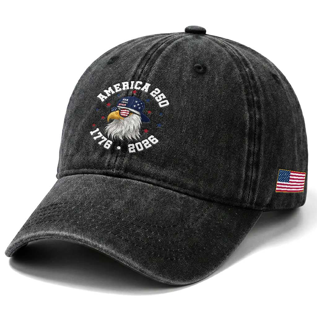 250 Years American Anniversary Washed Cotton Baseball Cap Patriotic Bald Eagle Fourth of July