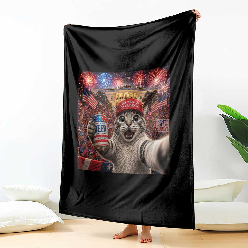 250 Years Of Freedom Throw Blanket Funny Cat Selfie 4th of July Party