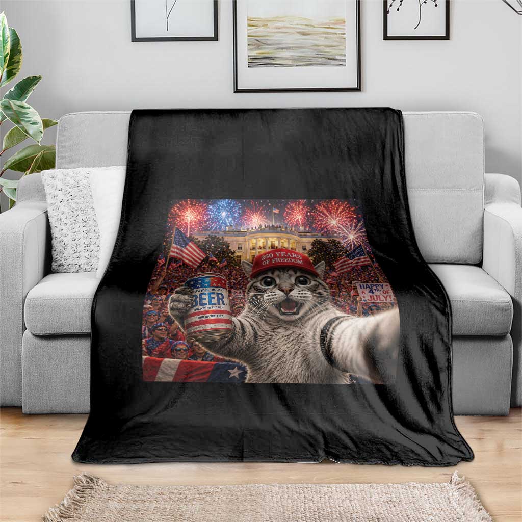 250 Years Of Freedom Throw Blanket Funny Cat Selfie 4th of July Party