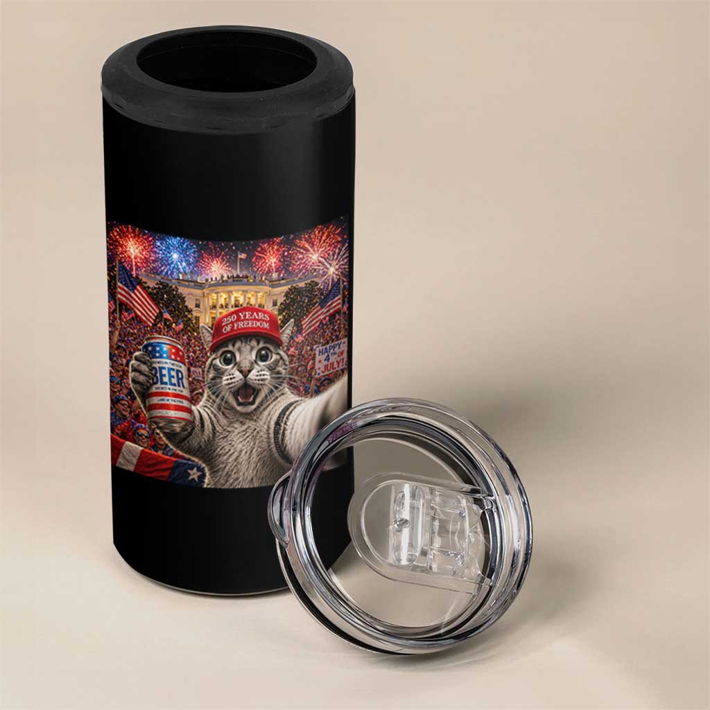 250 Years Of Freedom 4 in 1 Can Cooler Tumbler Funny Cat Selfie 4th of July Party