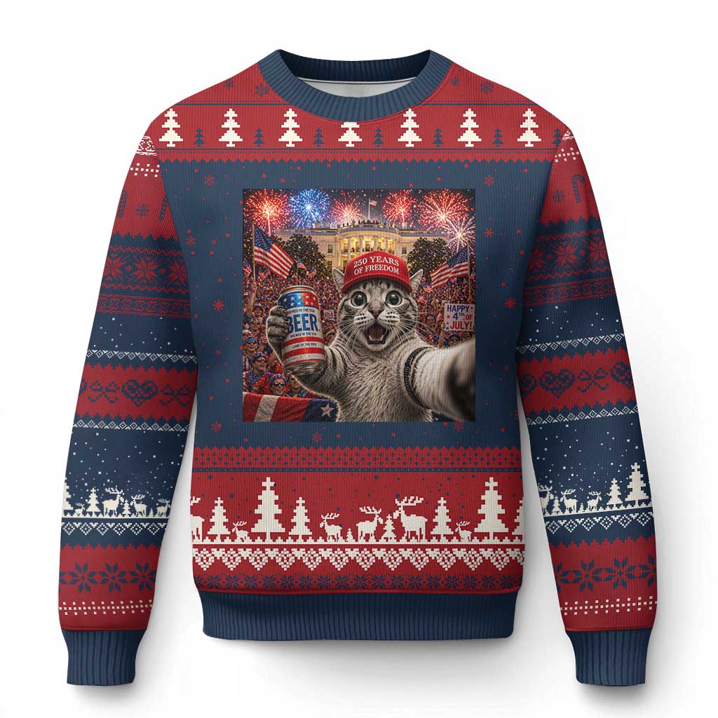 250 Years Of Freedom Ugly Christmas Sweater Funny Cat Selfie 4th of July Party