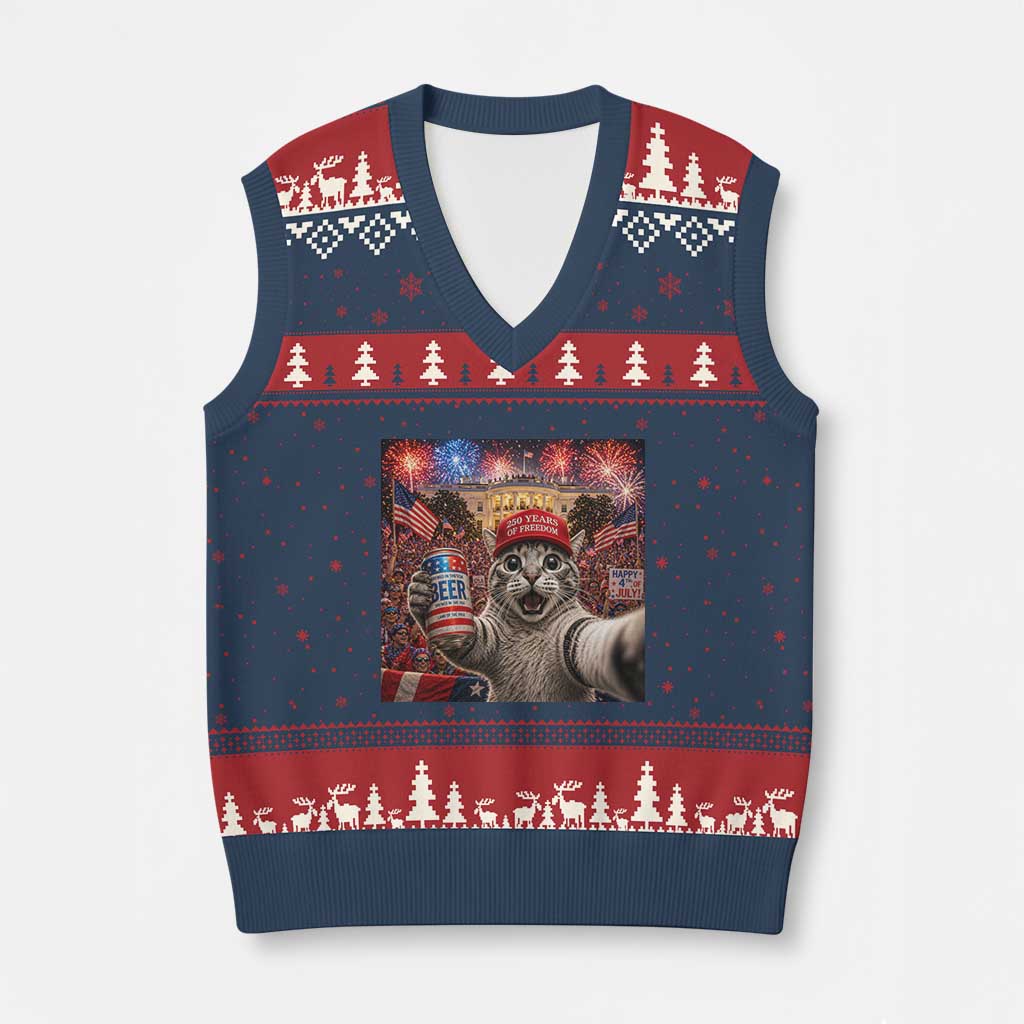 250 Years Of Freedom V-Neck Knit Sweater Vest Funny Cat Selfie 4th of July Party