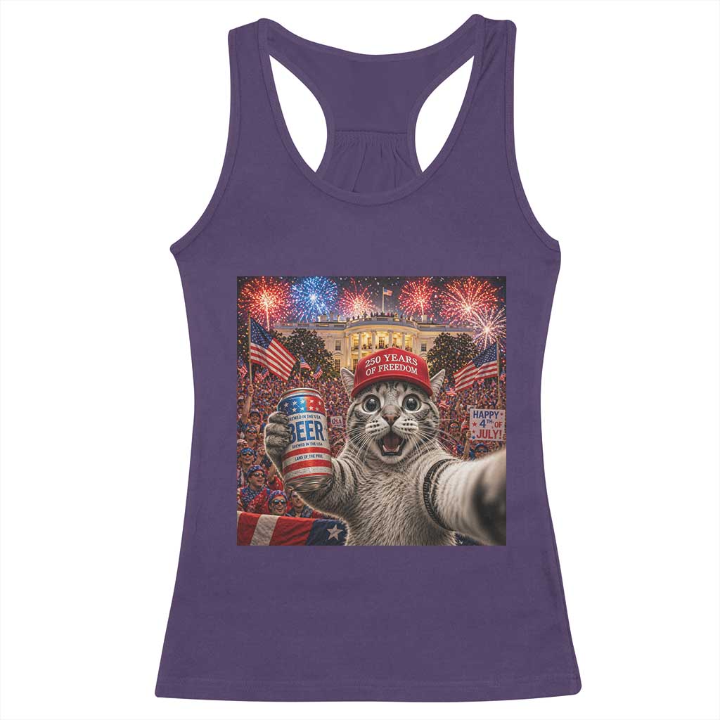 250 Years Of Freedom Racerback Tank Top Funny Cat Selfie 4th of July Party