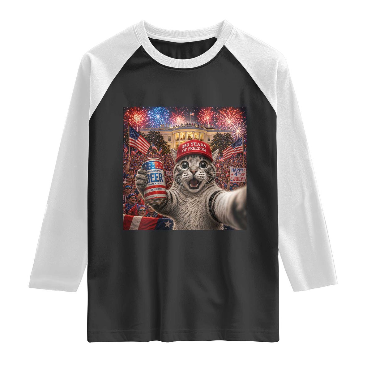 250 Years Of Freedom Raglan Shirt Funny Cat Selfie 4th of July Party