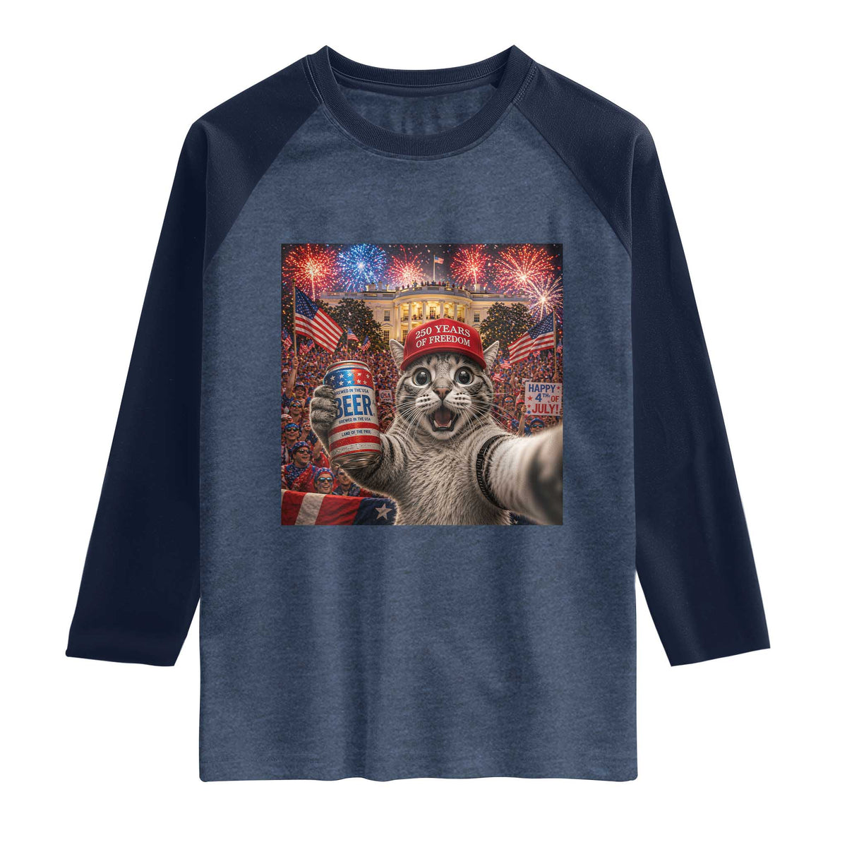 250 Years Of Freedom Raglan Shirt Funny Cat Selfie 4th of July Party
